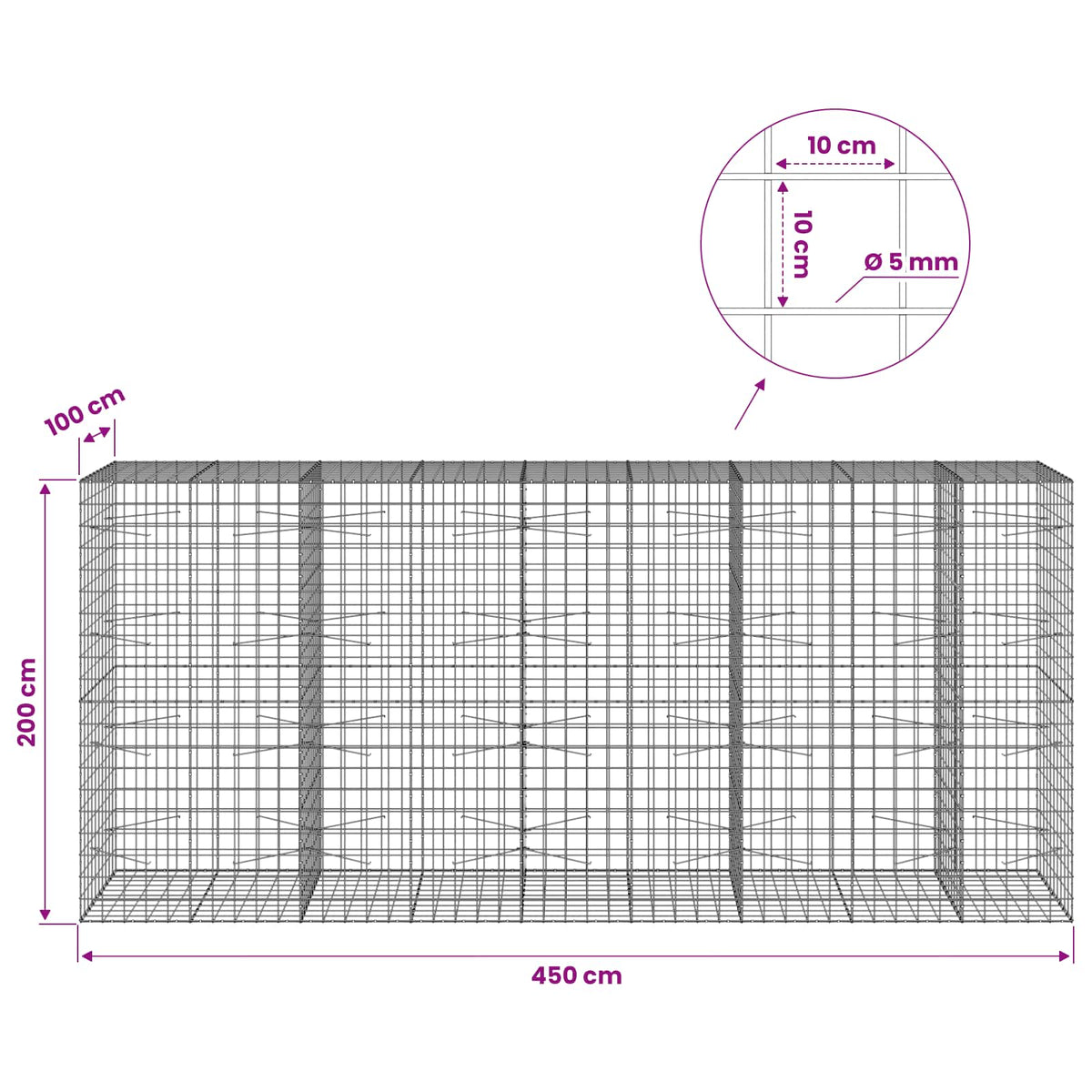 Gabion with 5 mm Wire and 10x10 cm Mesh 450x100x200 cm
