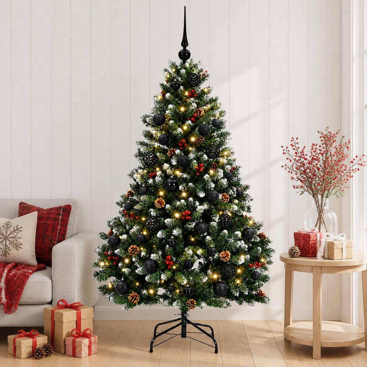 Green Artificial Christmas Tree with Baubles 180 cm 300 LEDs