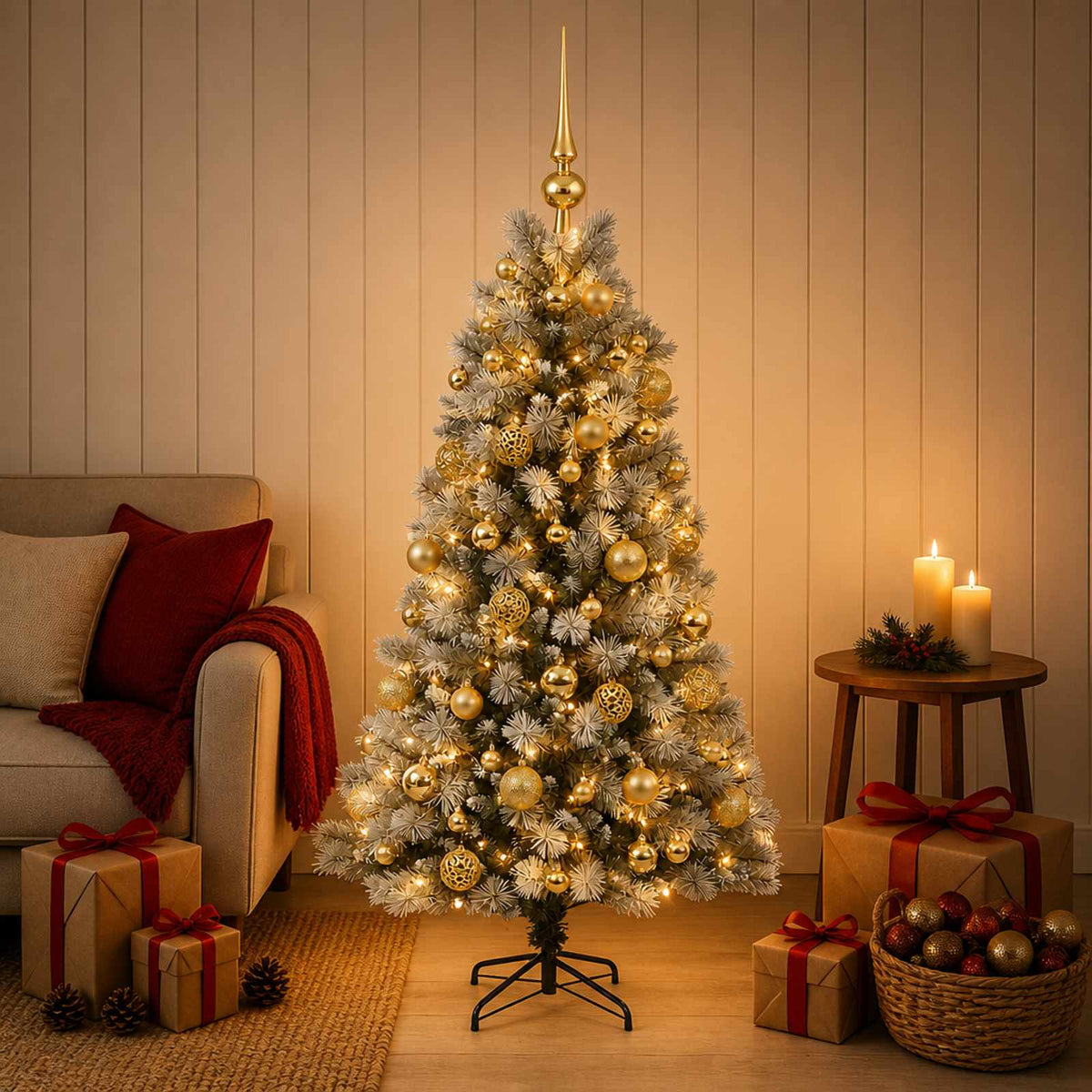 Artificial Hinged Christmas Tree with Baubles 150 cm 150 LEDs