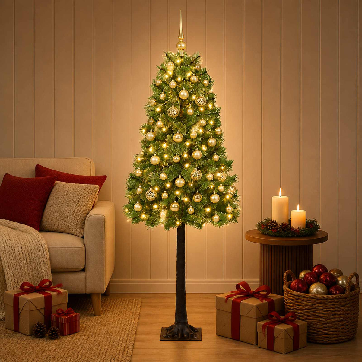 Artificial Hinged Christmas Tree with Baubles 150 cm 150 LEDs