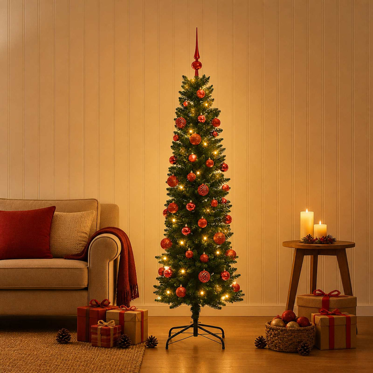 Artificial Slim Christmas Tree with Bauble 120 cm 150 LEDs