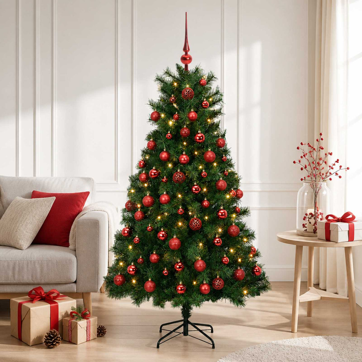 Artificial Hinged Christmas Tree with Baubles 150 cm 150 LEDs