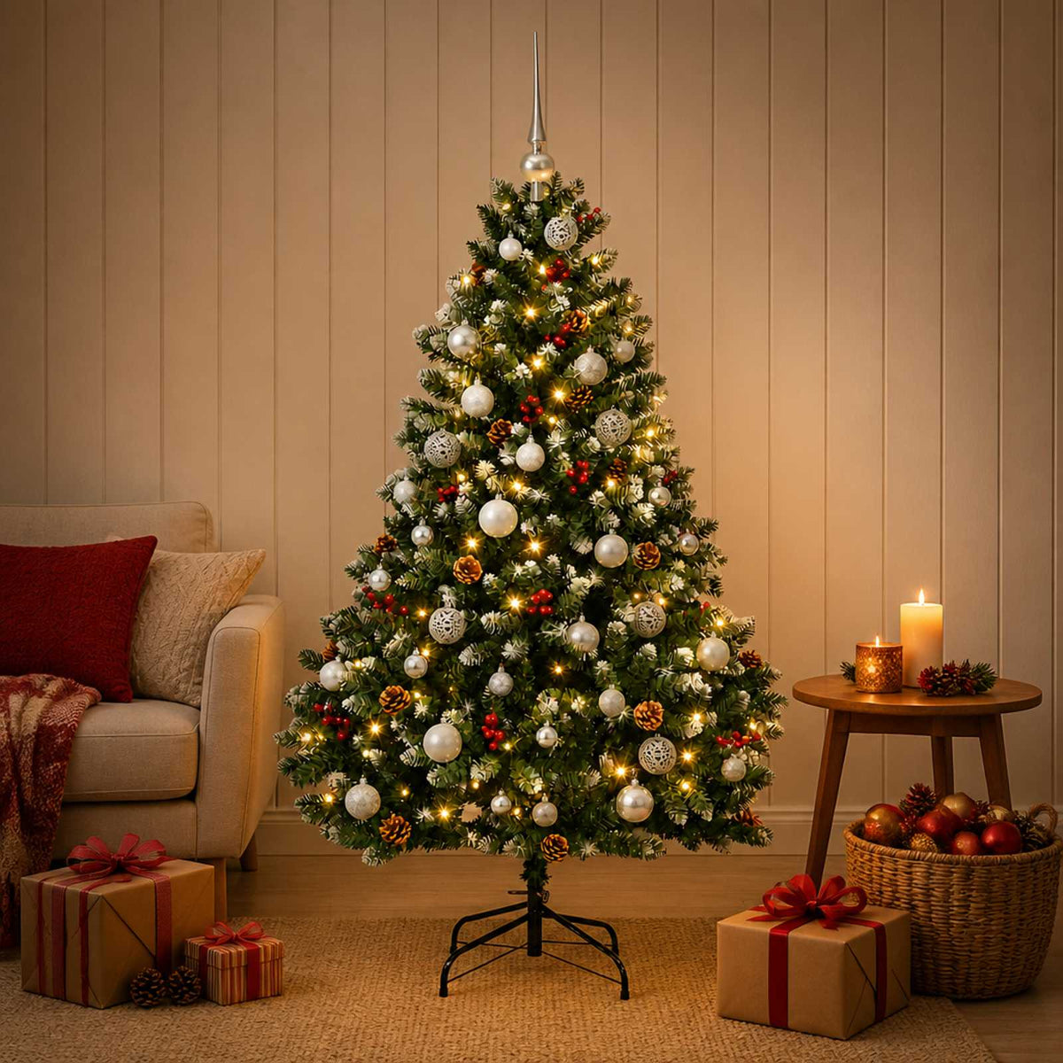 Artificial Christmas Tree Green with Baubles 180 cm 300 LEDs