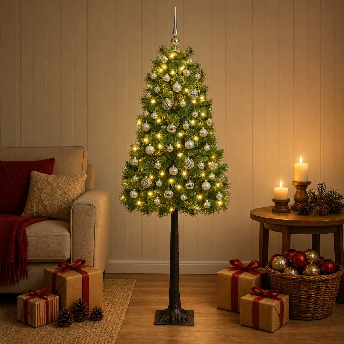 Artificial Hinged Christmas Tree with Baubles 120 cm 150 LEDs