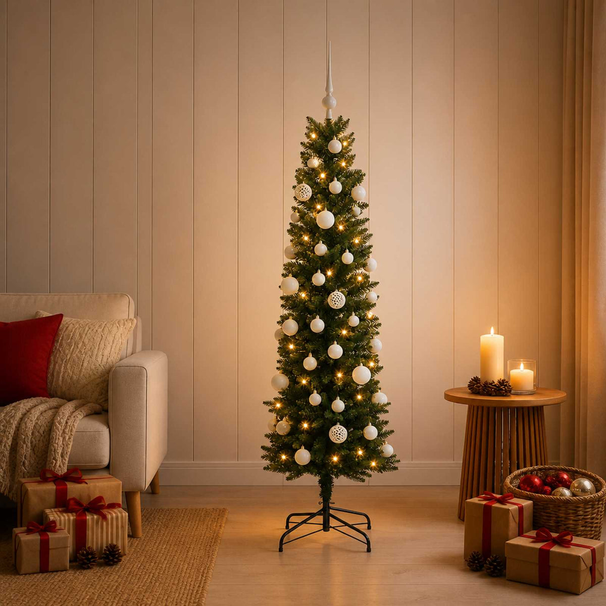 Artificial Slim Christmas Tree with Bauble 150 cm 150 LEDs