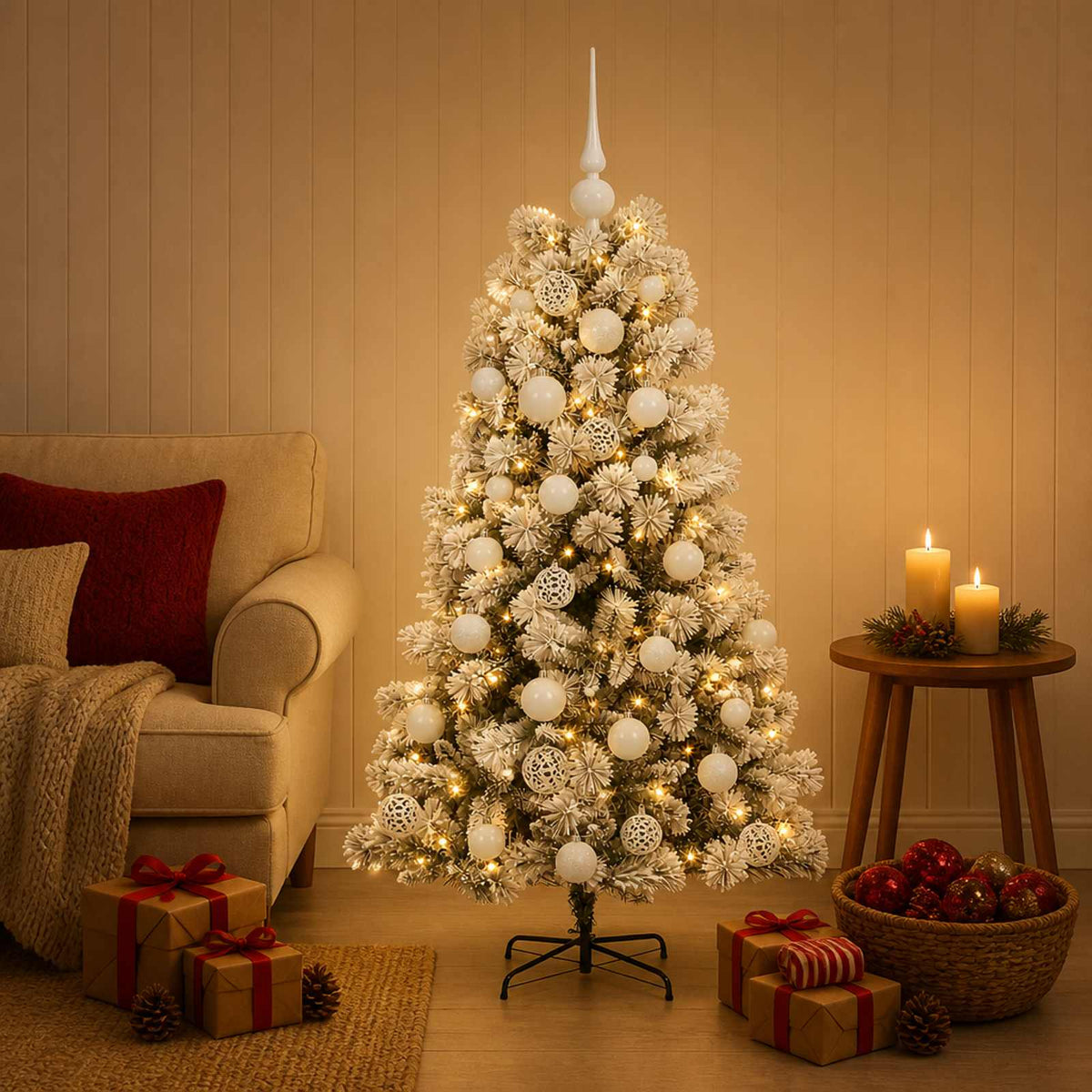 Artificial Hinged Christmas Tree with Baubles 150 cm 150 LEDs
