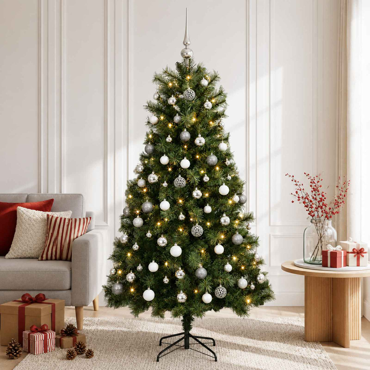 Artificial Hinged Christmas Tree with Baubles 150 cm 150 LEDs