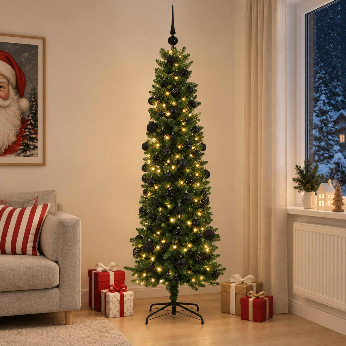 Artificial Slim Christmas Tree with Bauble 210 cm 300 LEDs