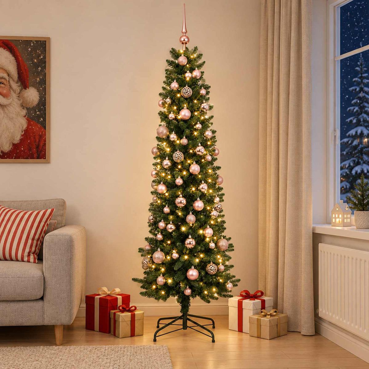 Artificial Slim Christmas Tree with Bauble 180 cm 300 LEDs