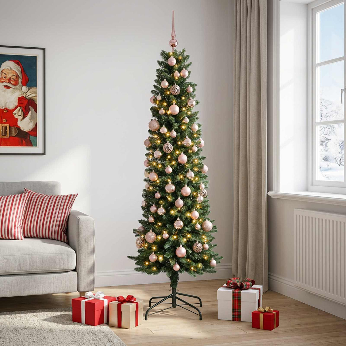 Artificial Slim Christmas Tree with Bauble 210 cm 300 LEDs