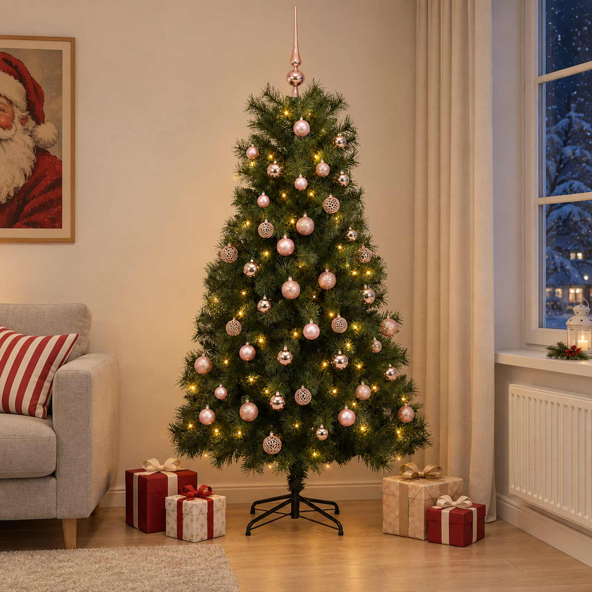 Artificial Hinged Christmas Tree with Baubles 210 cm 300 LEDs