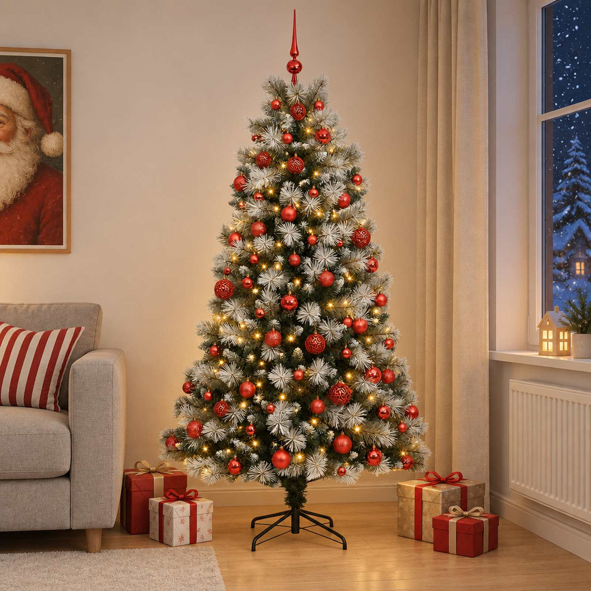 Artificial Hinged Christmas Tree with Baubles 180 cm 300 LEDs