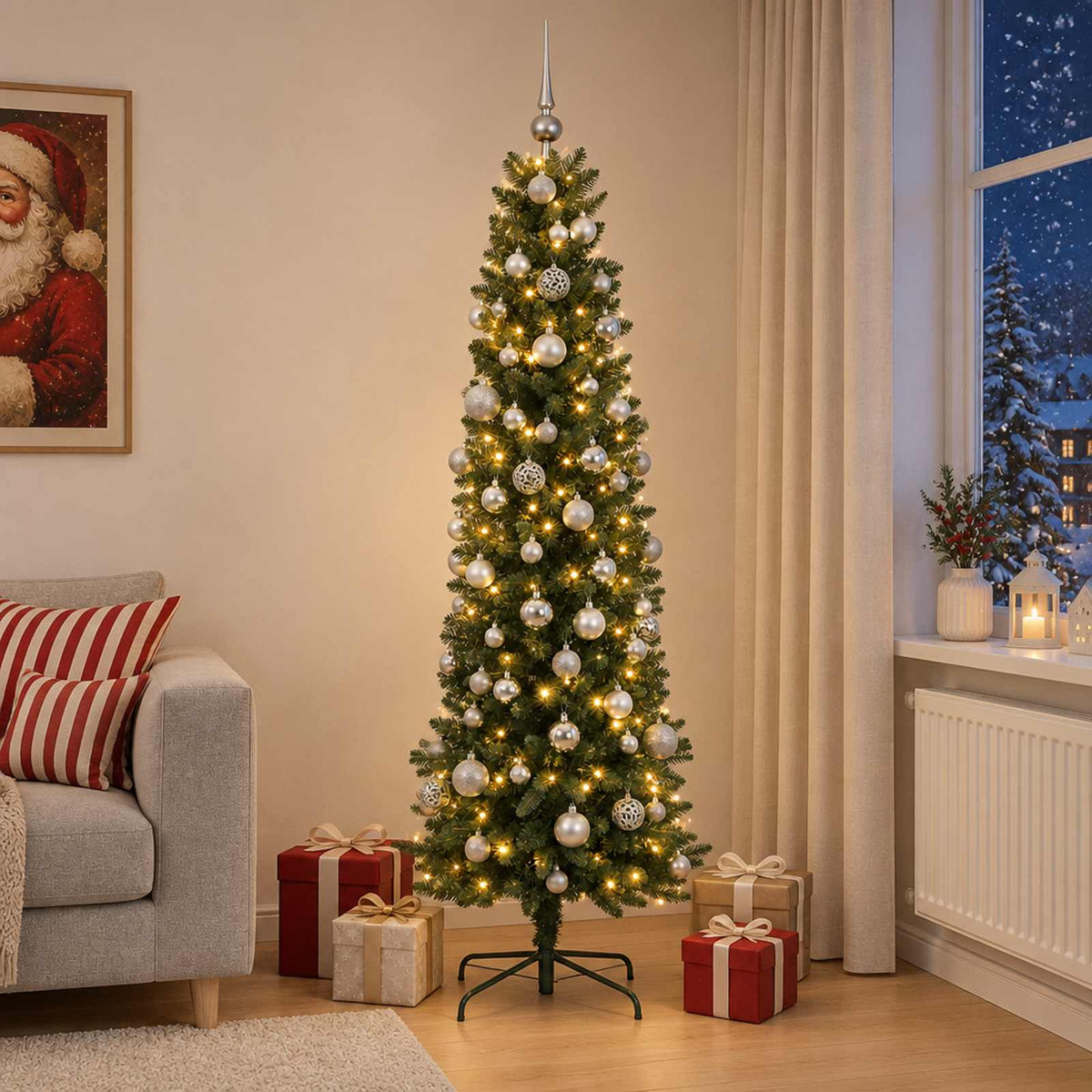 Artificial Slim Christmas Tree with Bauble 210 cm 300 LEDs