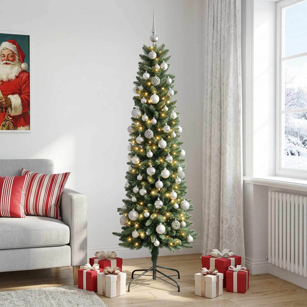 Artificial Slim Christmas Tree with Bauble 210 cm 300 LEDs