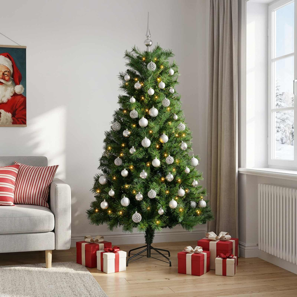 Artificial Hinged Christmas Tree with Baubles 210 cm 300 LEDs