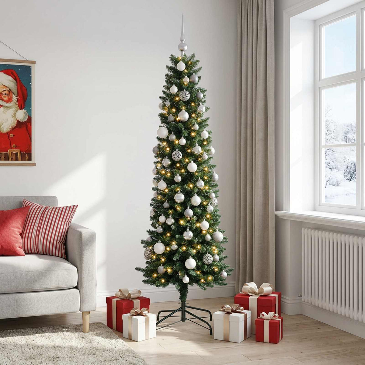 Artificial Slim Christmas Tree with Baubles 210 cm 300 LEDs