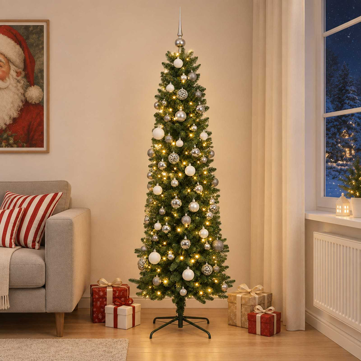 Artificial Slim Christmas Tree with Baubles 210 cm 300 LEDs