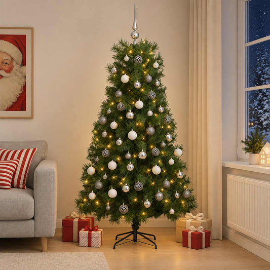 Artificial Hinged Christmas Tree with Baubles 180 cm 300 LEDs