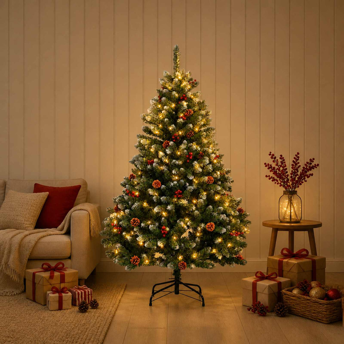 Artificial Hinged Christmas Tree 180 cm 300 LEDs Warm White PVC