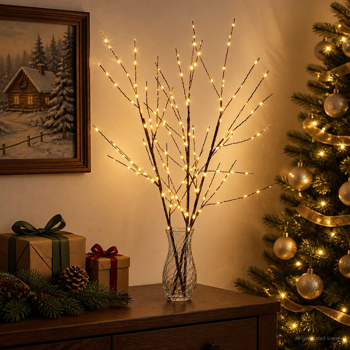 LED Copper Branch Christmas Decoration 3 pcs Brown 62 cm Steel
