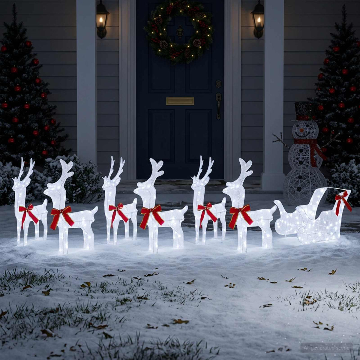 Christmas Reindeer with sleigh 7 pcs 320 LEDs Cold White