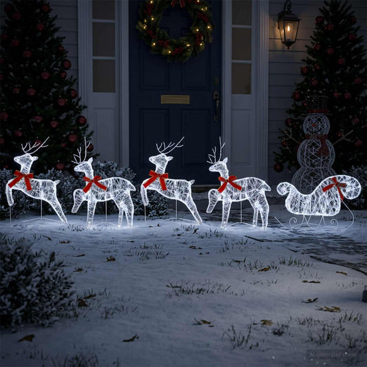 Christmas Reindeer with sleigh 5 pcs 100 LEDs Cold White
