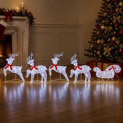 Christmas Reindeer with sleigh 5 pcs 100 LEDs Cold White