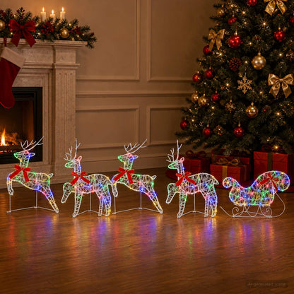 Christmas Reindeer with sleigh 5 pcs 100 LEDs Multicolour