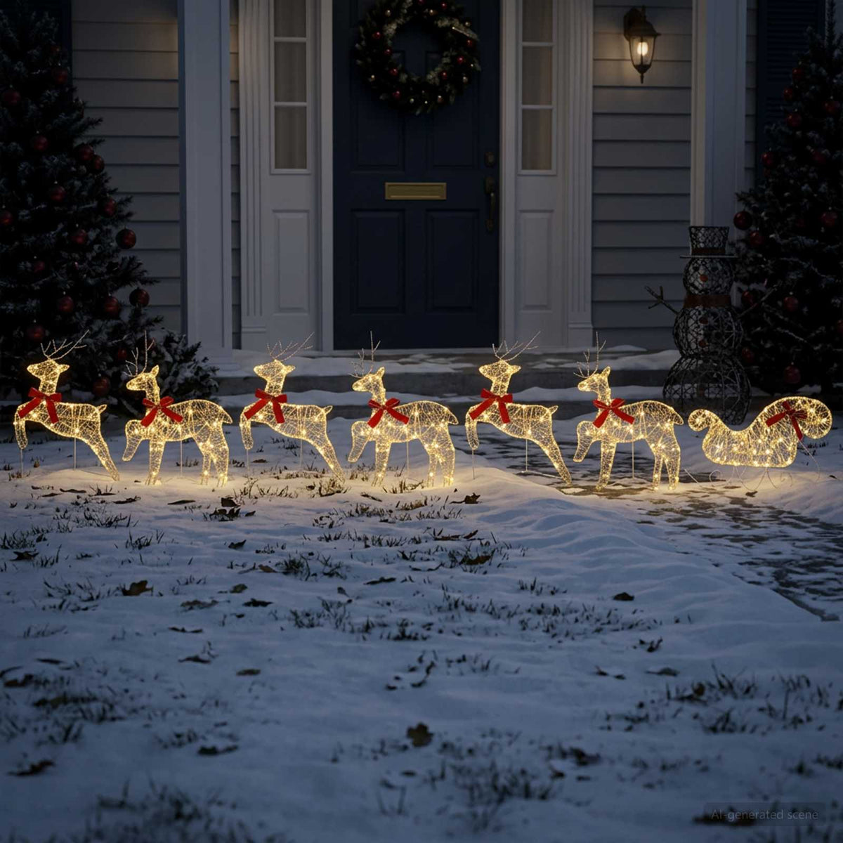 Christmas Reindeer with sleigh 7 pcs 140 LEDs Warm White