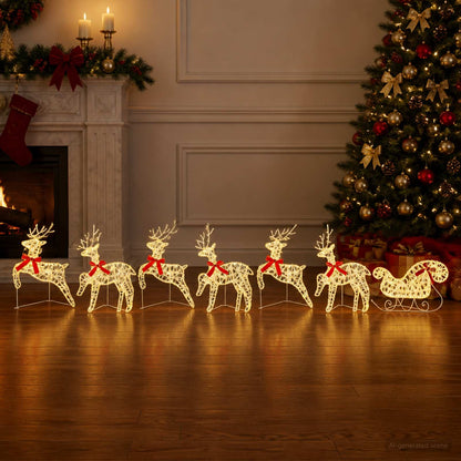 Christmas Reindeer with sleigh 7 pcs 140 LEDs Warm White