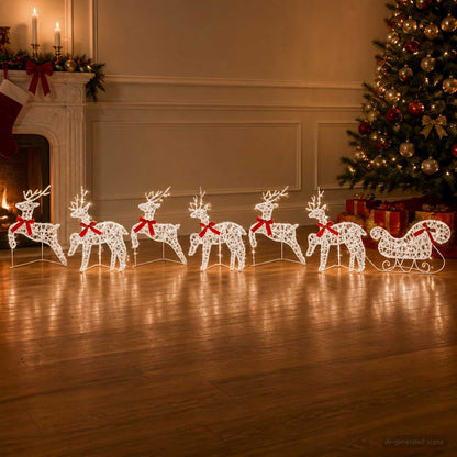 Christmas Reindeer with sleigh 7 pcs 140 LEDs Cold White