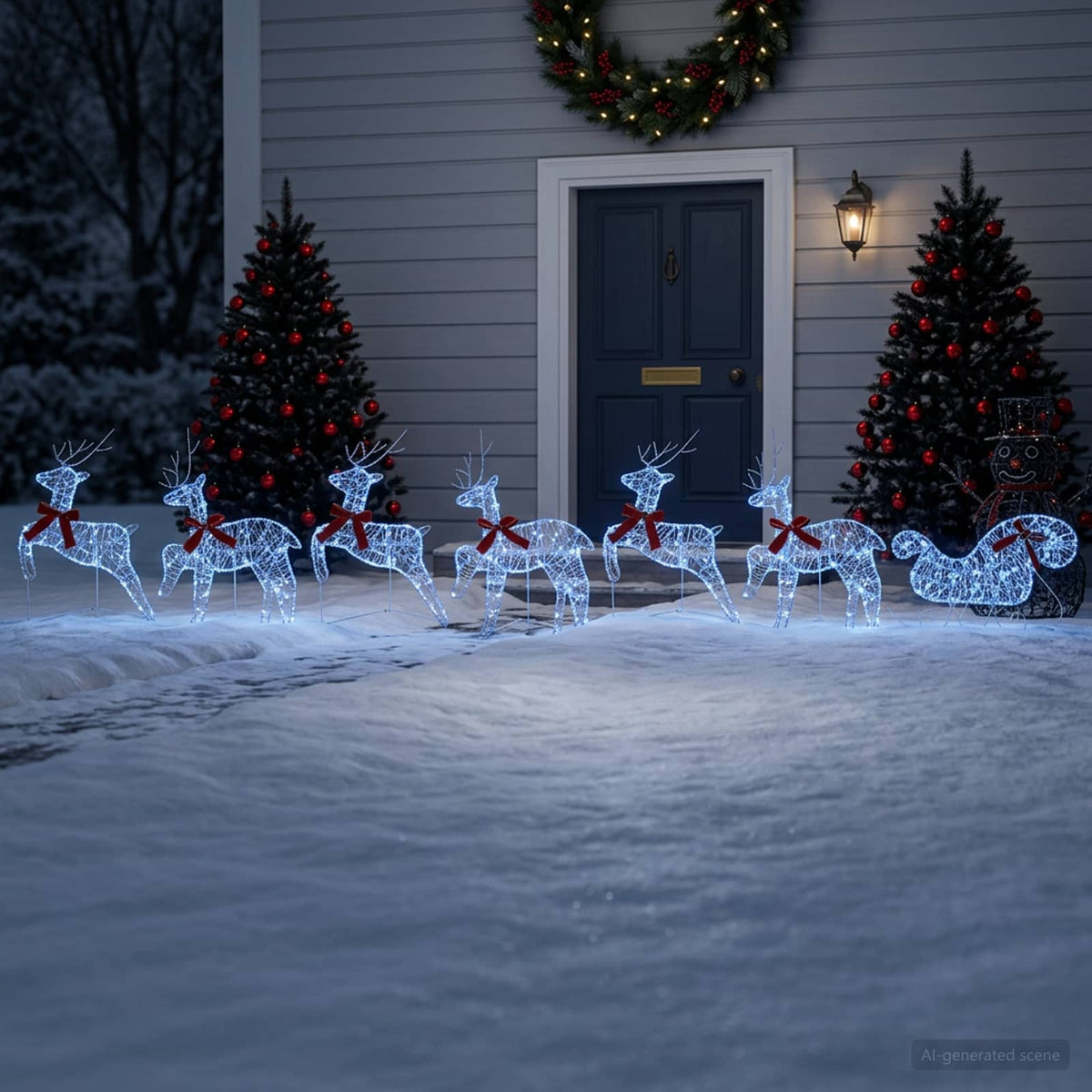 Christmas Reindeer with sleigh 7 pcs 140 LEDs Blue