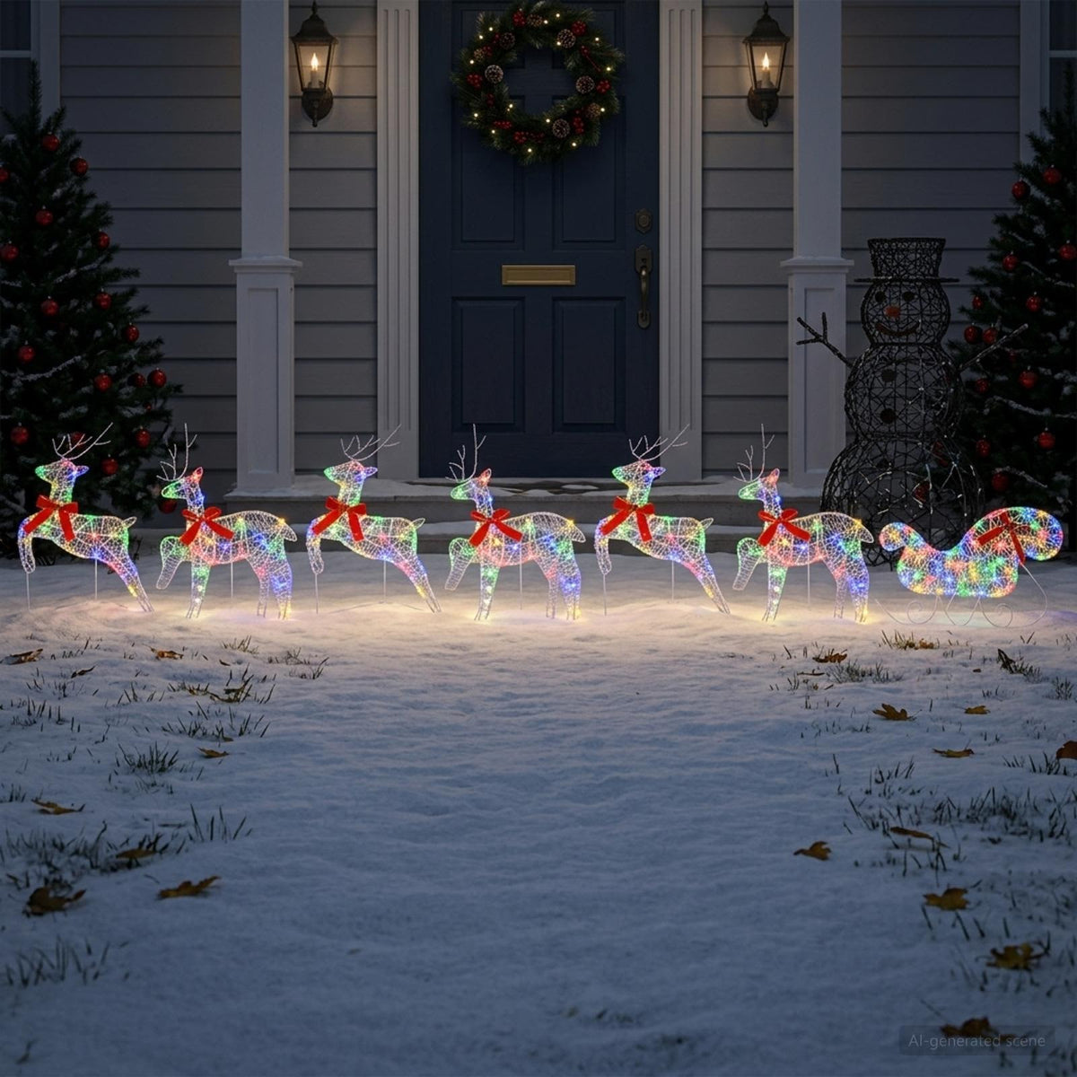 Christmas Reindeer with sleigh 7 pcs 140 LEDs Multicolour