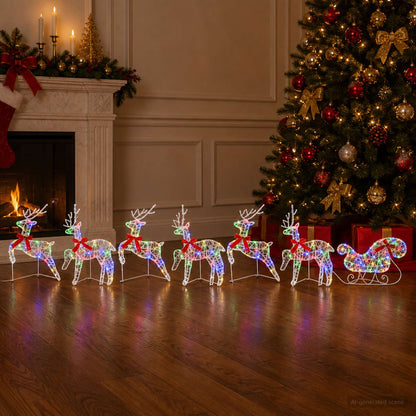 Christmas Reindeer with sleigh 7 pcs 140 LEDs Multicolour
