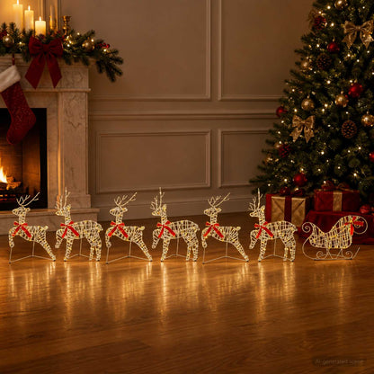 Christmas Reindeer with sleigh 7 pcs 140 LEDs Warm White