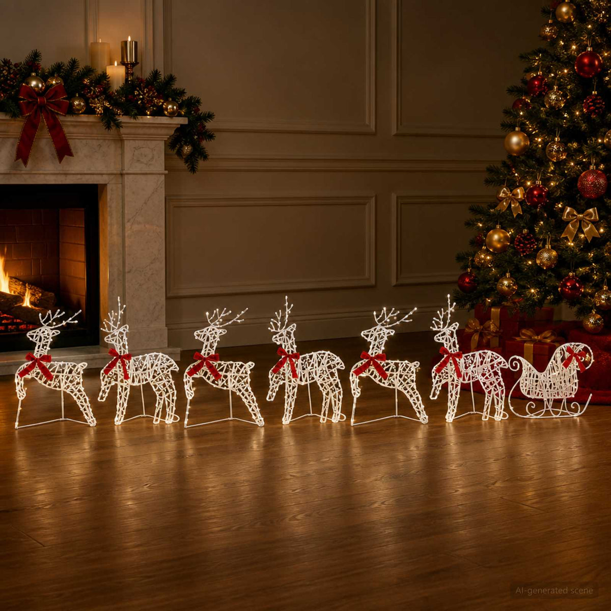 Christmas Reindeer with sleigh 7 pcs 320 LEDs Cold White