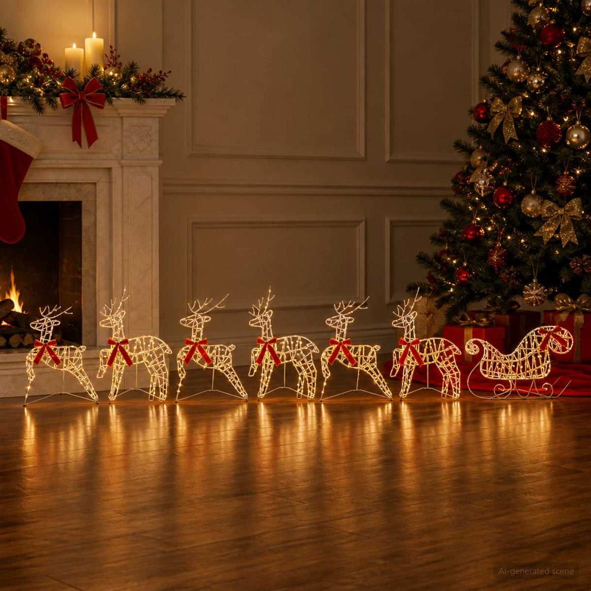 Christmas Reindeer with sleigh 7 pcs 320 LEDs Warm White