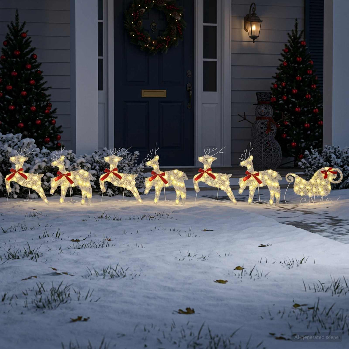 Christmas Reindeer with sleigh 7 pcs 140 LEDs Warm White