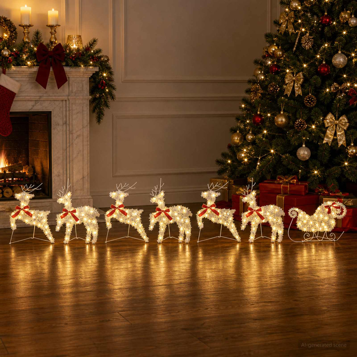 Christmas Reindeer with sleigh 7 pcs 140 LEDs Warm White