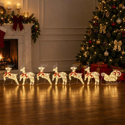 Christmas Reindeer with sleigh 7 pcs 140 LEDs Warm White