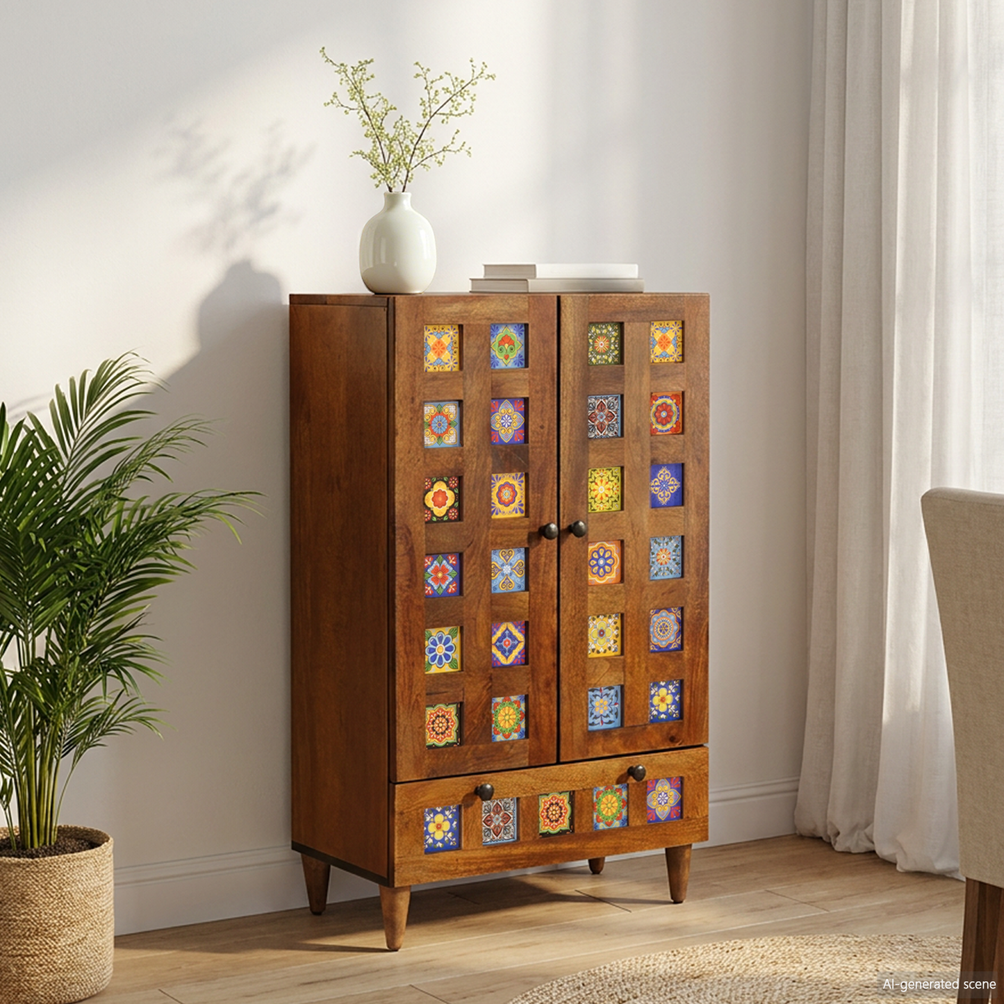 Highboard with Door Walnut 60 x 33.5 x 100 cm Solid Mango Wood