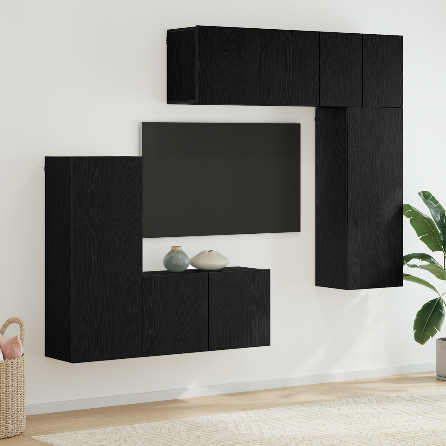 TV Wall Unit Wall-mounted 5 pcs Black oak Engineered Wood