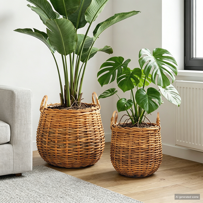 Planter Basket with Storage 2 pcs Natural Brown Kubu Rattan