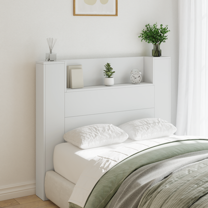 Storage Headboard with LED White Engineered Wood