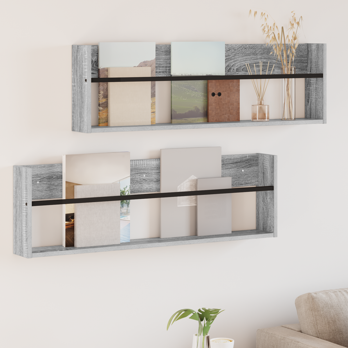 Magazine Rack with Shelf 2 pcs Grey Sonoma 100 x 12 x 30 cm