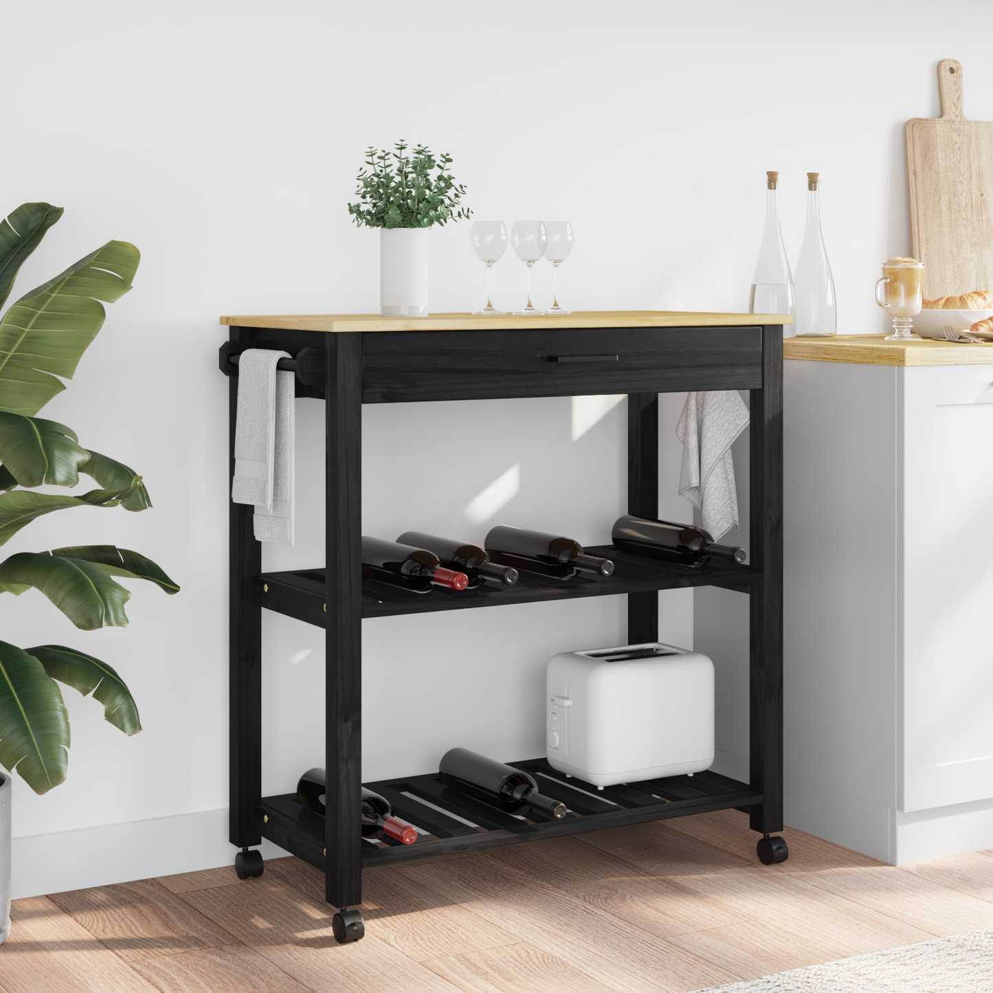 Kitchen Trolley MONZA Black 84 x 40 x 88.5 cm Solid Pine Wood