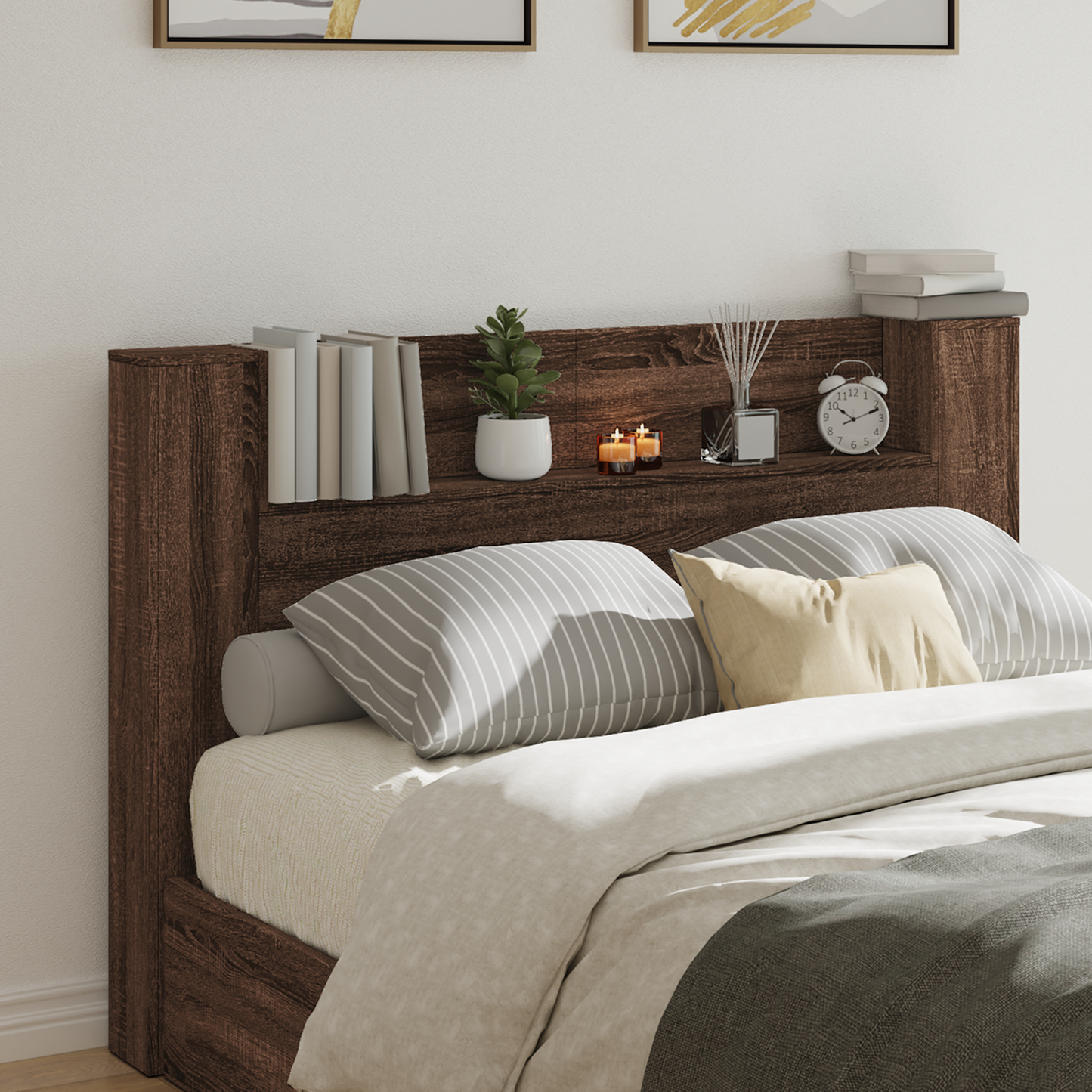 Storage Headboard with LED Brown Oak Engineered Wood