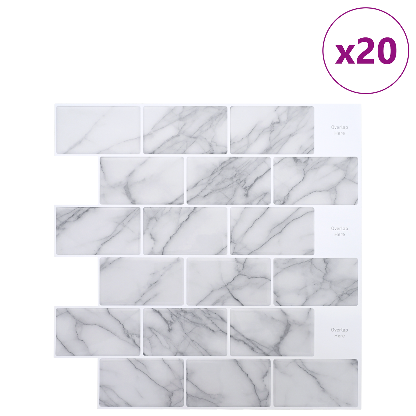 Subway Tile 20 pcs White Marble 30 x 30 cm Polyurethane and PET