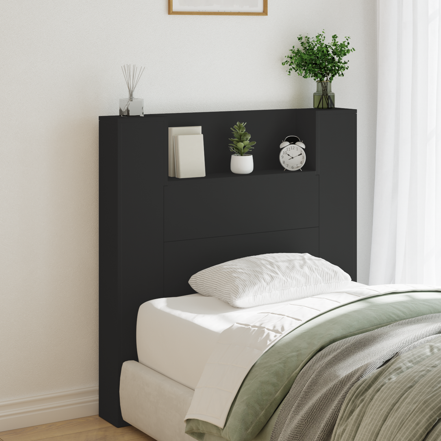 Storage Headboard with LED Black Engineered Wood