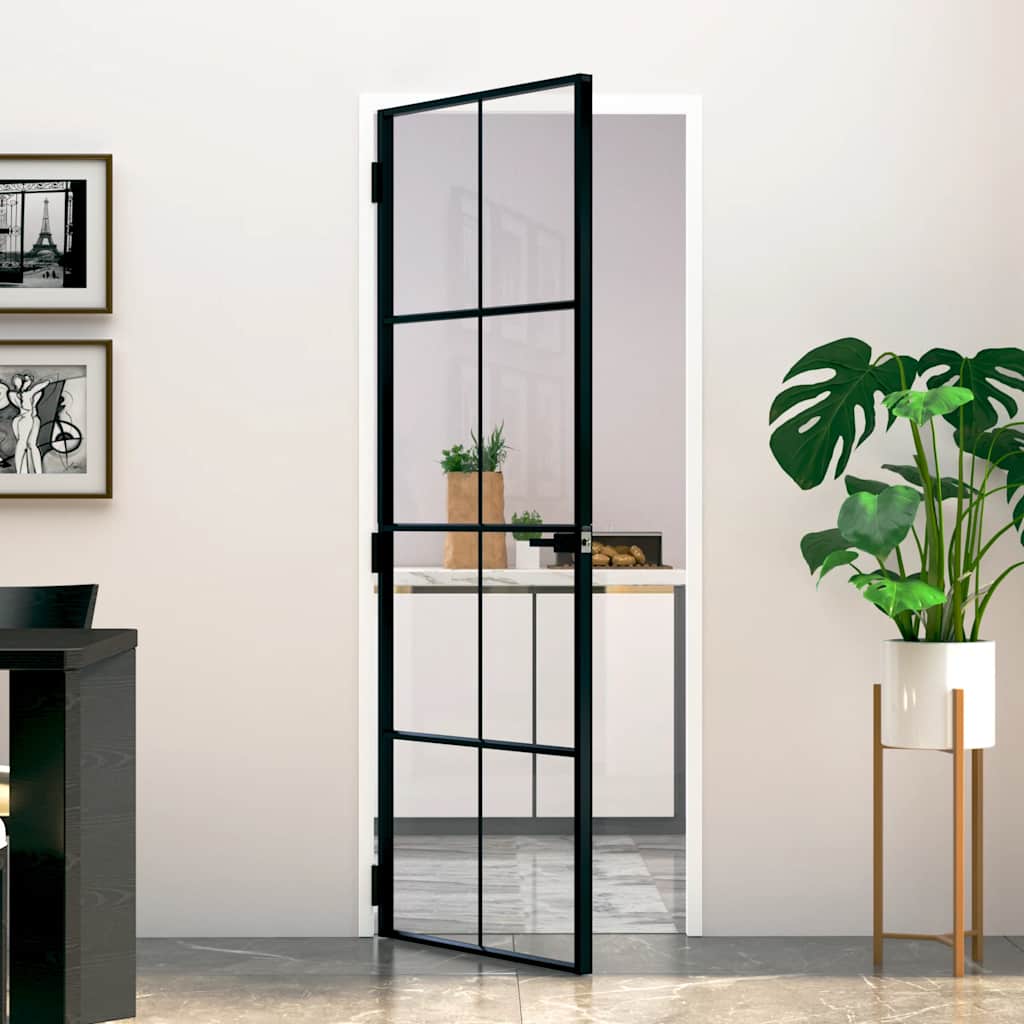 Interior Door Black 76x201,5 cm Tempered Glass&Aluminium Slim